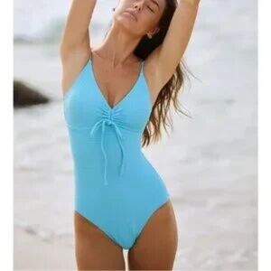 BERLOOK Blue Textured V Neck One-Piece Swimsuit Sz SMALL